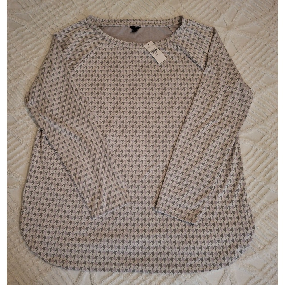 Ann Taylor Womens XXL Knit Top Gray Purple Houndstooth Raglan Long Sleeve NWT